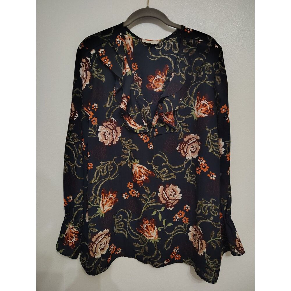 LOFT XL Black Blue Floral Ruffle Blouse Long Bell Sleeve Boho Cottagecore - Picture 2 of 7